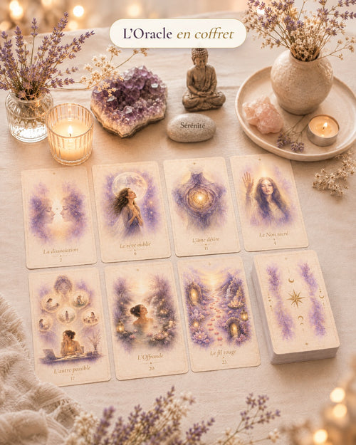 Coffret Oracle des Résilients : les cartes illustrées posées sur une table, lavande et bougie