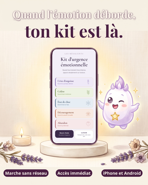 Kit d'urgence émotionnelle numérique : l'application ouverte sur un téléphone, avec ses 5 émotions, et Pléroma qui la présente