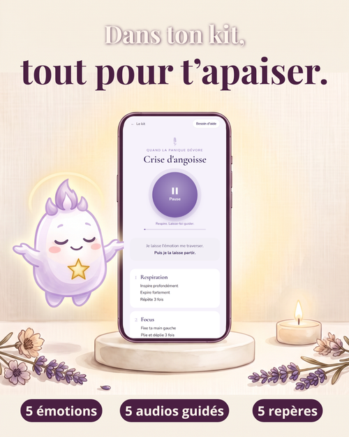 Contenu du kit d'urgence émotionnelle : 5 émotions, 5 audios guidés, 5 repères — écran audio crise d'angoisse